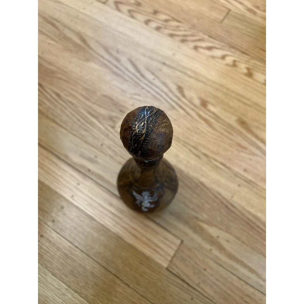 Italian Leather Wrapped Glass Decanter Wine Bottle Lion Pendant - EMPTY Vintage